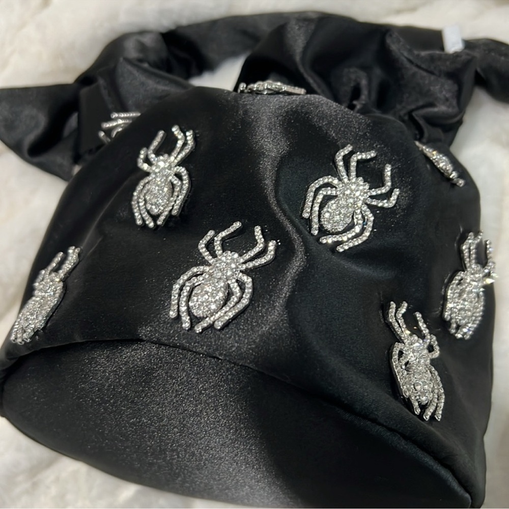 Elegant Black Satin Mini Hand Bag with Silver Spider Embellishments - Picture 2 of 7